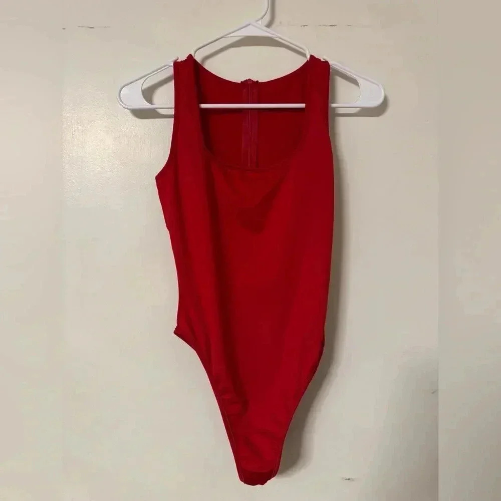 Red Bodycon Sleeveless Tank Top One Piece Leotrad Bodysuit